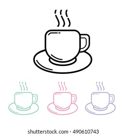 Coffee cup icon set. In black, green, pink and violet. Vector line modern icon.
