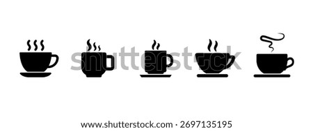 Coffee cup icon set. Black silhouette symbols of hot drinks, tea, and espresso mugs with steam. Vector illustration