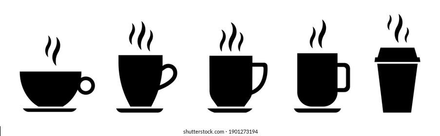 Coffee cup icon set. Cups for coffee and tea. Cup with steam isolated on white background. Hot drink silhouette. Vector illustration eps10.