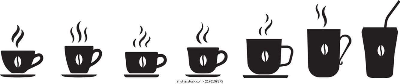 Coffee cup icon set. Cups of coffee tea collection. Hot drink icon. Disposable cup. Cup coffe with steam. Flat style 