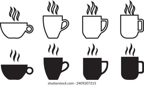 Coffee cup icon set. Cups for coffee and tea. Cup with steam isolated on white background. Hot drink silhouette