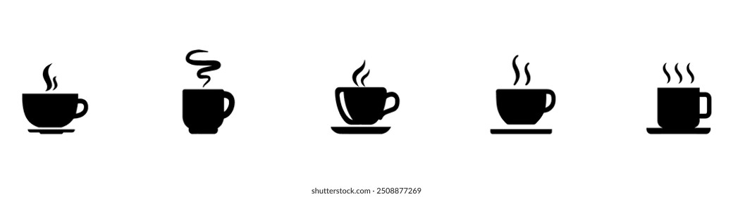 Ícone de xícara de café definido. Xícaras de chá de café. Ícone de bebida quente. Xícara descartável. Copie café com vapor. Estilo plano. Ilustração de vetor. Gráfico vetorial. EPS 10