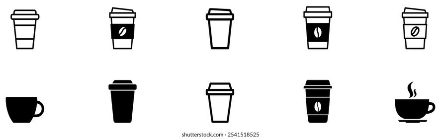 Coffee cup icon set. Cups of coffee tea collection. Hot drink icon. Disposable cup. Cup coffe with steam. Flat style. Vector Illustration. Vector Graphic. EPS 10