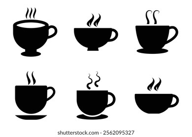 Coffee cup icon set. Cups of coffee tea collection. Hot drink icon. Disposable cup. Cup coffee with steam. Coffee vector icon set in black and white color.