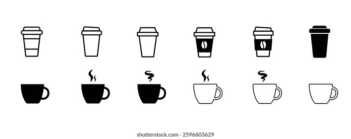 Coffee cup icon set. Cups of coffee tea collection. Hot drink icon. Disposable cup. Cup coffee with steam. Flat style. Vector Illustration. Vector Graphic.