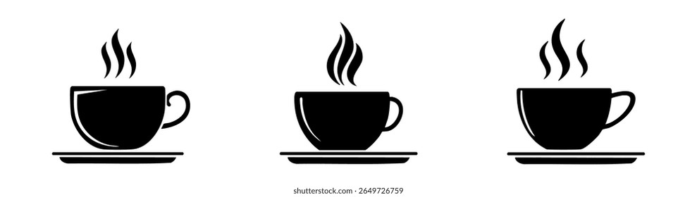 Coffee cup icon set. Cups of coffee tea collection. Hot drink icon. Disposable cup. Minimalist black coffee cup icon with steam, perfect for branding, menus, or digital products.
