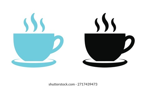 Conjunto de iconos de taza de café. Tazas de colección de café y té. Icono de bebida caliente. Taza desechable. Taza de café con vapor. Iconos de bebidas calientes en cian moderno y negro clásico.
