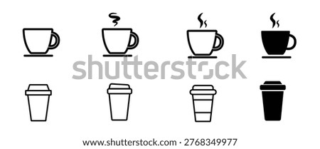 Coffee cup icon set. Cups of coffee tea collection. Hot drink icon. Disposable cup. Cup coffe with steam. 