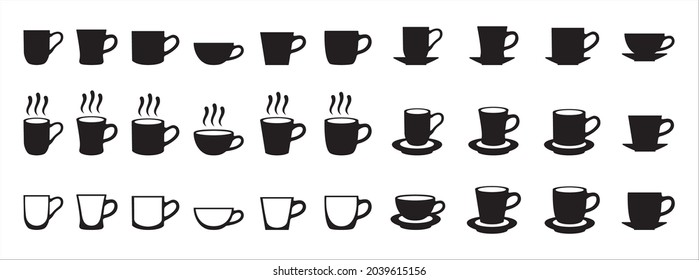 Juego de iconos de la taza de café. Juego de vectores de iconos de la copa caliente. Tubo variado con ilustración de material de vectores de montaña