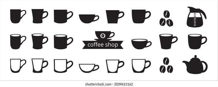 Juego de iconos de la taza de café. Juego de vectores de iconos de la copa caliente. Tubo variado con ilustración de material de vectores de montaña