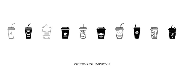 Conjunto de iconos de taza de café. Tazas calientes y frías de la bebida para llevar con la paja, las tapas, el espresso, el café con leche, los símbolos del capuchino. Esquema y colección de diseño de Vector de bebidas sólidas.