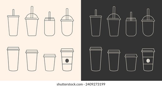 Coffee cup icon set isolated.Plastic cup icons collection.Disposable mug of different shapes and sizes.Plastic container for hot,cold drink,juice, tea.Ideal for logo,menu. Vector illustration EPS 10