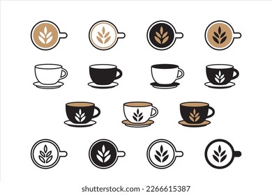 Coffee cup icon set. Latte art coffee icons. Coffee cups hot drink icons collection. Top view and side views sign. Black and chocolate color. Vector illustration.