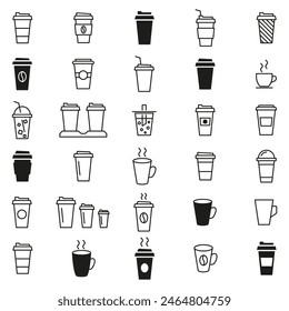 Coffee cup icon set. Linear and silhouette style. Vector illustration