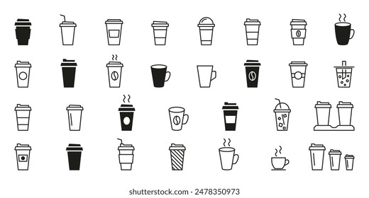 Kaffeetasse-Icon-Set. Linearer und Silhouettenstil.