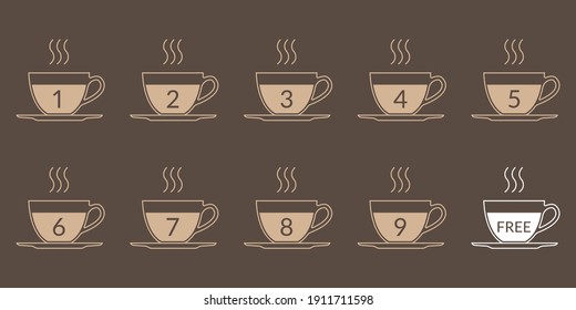 Coffee cup icon set for loyalty card design. Buy 9 cups and get 1 for free. Cafe beverage, hot drink promotion concept. Vector illustration.