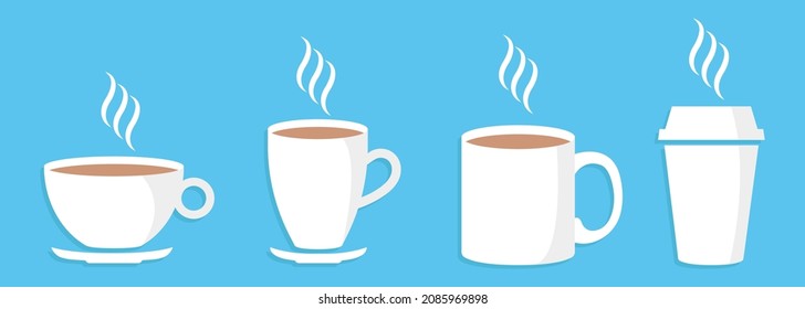 Coffee cup icon set. Mug for coffee and tea. Cups with steam isolated. Hot drink silhouette. Vector illustration.