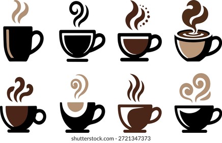 Icono de taza de café con vapor - Ilustración vectorial de bebida caliente. Iconos calientes de la silueta de la taza de café en estilo plano y línea. Conjunto de iconos de taza de café y té con vapor para la marca de bebidas.