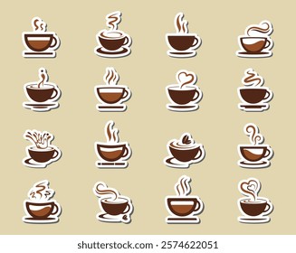 Coffee cup icon set! Vector illustrations! Stickers of coffee cups