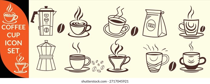 Ícone da xícara de café. Conjunto de xícaras de vetor com café. Xícara de café grande projeto conjunto. grande projeto ícone copo de café.