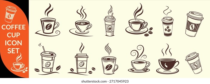 Icono de taza de café. Juego de tazas de Vector con café. Diseño de conjunto grande de taza de café. diseño de icono de taza de café grande.