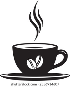 Coffee cup icon. Silhouette of a Coffee Cup with Steam and Coffee Bean Design. Coffee cup silhouette icon with transparent Background