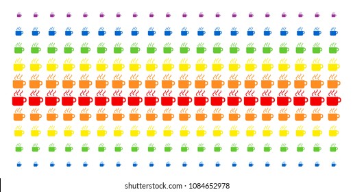 Coffee Cup icon spectrum halftone pattern. Vector shapes organized into halftone grid with vertical rainbow colors gradient. Designed for backgrounds, covers, templates and abstract effects.