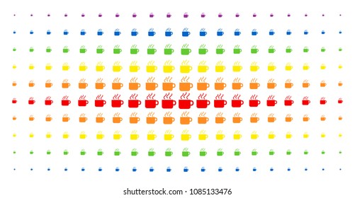 Coffee cup icon spectrum halftone pattern. Vector coffee cup symbols are arranged into halftone matrix with vertical spectrum gradient. Designed for backgrounds, covers,