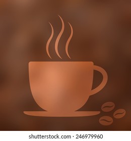 Coffee cup icon with steam, beans, blurred bokeh hipster background. Vector illustration.