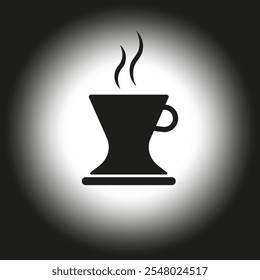 Icono de taza de café. Bebida caliente al vapor. Vector de silueta negro. Ilustración de fondo oscuro.