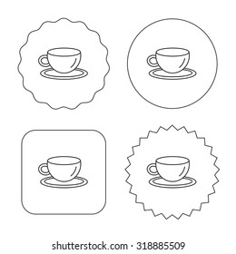 Coffee cup icon. Tea or hot drink sign. Flat circle, star and emblem buttons. Labels design. Vector