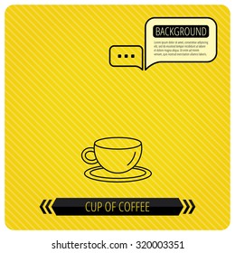 Coffee cup icon. Tea or hot drink sign. Chat speech bubbles. Orange line background. Vector