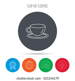 Coffee cup icon. Tea or hot drink sign. Globe, download and speech bubble buttons. Winner award symbol. Vector