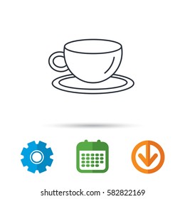 Coffee cup icon. Tea or hot drink sign. Calendar, cogwheel and download arrow signs. Colored flat web icons. Vector