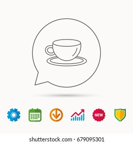 Coffee cup icon. Tea or hot drink sign. Calendar, Graph chart and Cogwheel signs. Download and Shield web icons. Vector