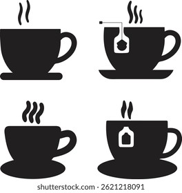 Ícone da xícara de café, logotipo da xícara de chá, símbolos silhueta de ilustração vetorial, conjunto de ícones do vetor da xícara de café. Xícaras de chá de café coleção símbolo. Ilustração de vetor.