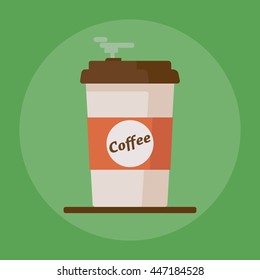 Coffee cup icon with text coffee on green background. Flat vector illustration