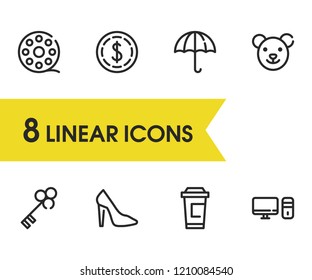 Coffee cup icon with toy, PC and umbrella symbols. Set of dollar, production, toy icons and filmstrip concept. Editable vector elements for logo app UI design.