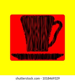 Coffee cup icon. Vector. Black scribble icon in red container with rounded corners at yellow background. Isolated.