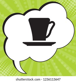 Coffee cup icon. Vector. Black icon in speech bubble at popart yellow green background.