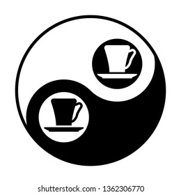 Coffee cup icon. Vector. Black and white icon inside circles of yin and yang symbol at white background.