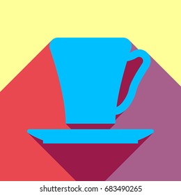 Coffee cup icon. Vector. Deep sky blue icon with two flat violet and raspberry semitransparent shadows on canary background.