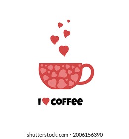 Coffee cup icon vector illustration isolated on white. Mug with hot beverage with hearts in flat style. I love coffee concept