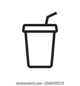 Coffee cup icon vector outline style. Disposable coffee cup with straw. Coffee paper cup, plastic container for hot and cold drink, juice