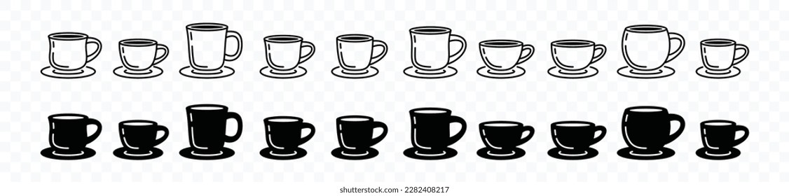 Coffee cup icon vector set in line and flat style. Coffee, tea, drinks, cocoa cup or mug sign and symbol. Vector illustration