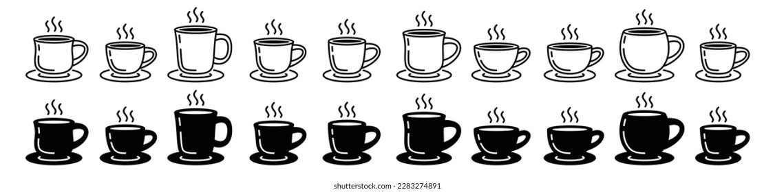 Coffee cup icon vector set in line and flat style. Hot coffee, tea, drinks, cocoa cup or mug sign and symbol. Vector illustration