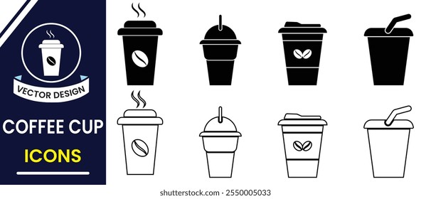 Icono de la taza de café, sistema del Vector. Signo y símbolo de la silueta de la taza de café. Conjunto de iconos de bebidas y alimentos. Icono de la línea de la taza de papel del café, diseño plástico del envase para la bebida caliente, fría. Ilustración vectorial.