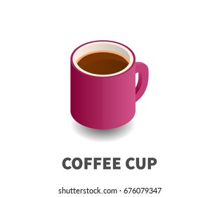 Coffee cup icon, vector symbol in isometric 3D style isolated on white background.