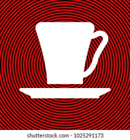 Coffee cup icon. Vector. White icon on red and black radial pattern as background. Isolated.