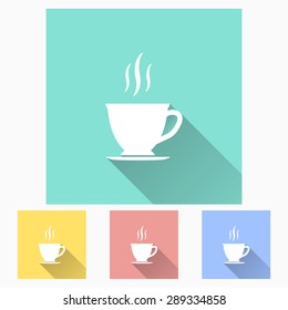 Coffee cup - icon is white with long shadow, flat design. Vector illustration.